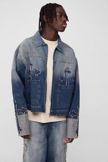 Boxy Fit Cross Applique Denim Bomber antique blue