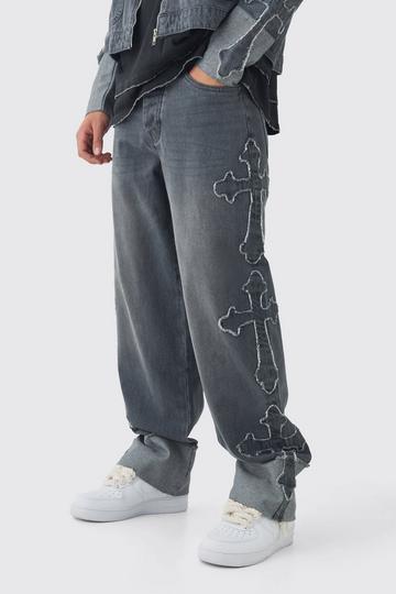 Relaxed Rigid Cross Applique Denim Jeans grey