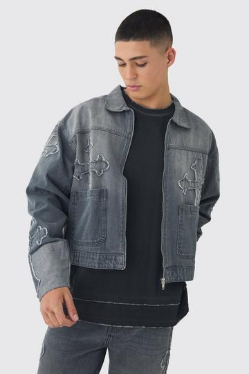 Boxy Fit Cross Applique Denim Bomber grey