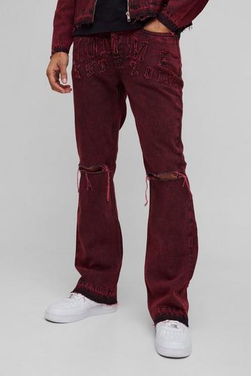 Red Slim Rigid Flare Homme Applique Denim Jeans