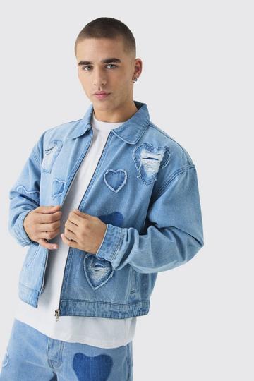 Boxy Fit Heart Applique Denim Bomber Jacket light blue