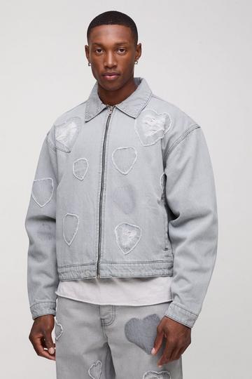 Boxy Fit Heart Applique Denim Bomber Jacket light grey