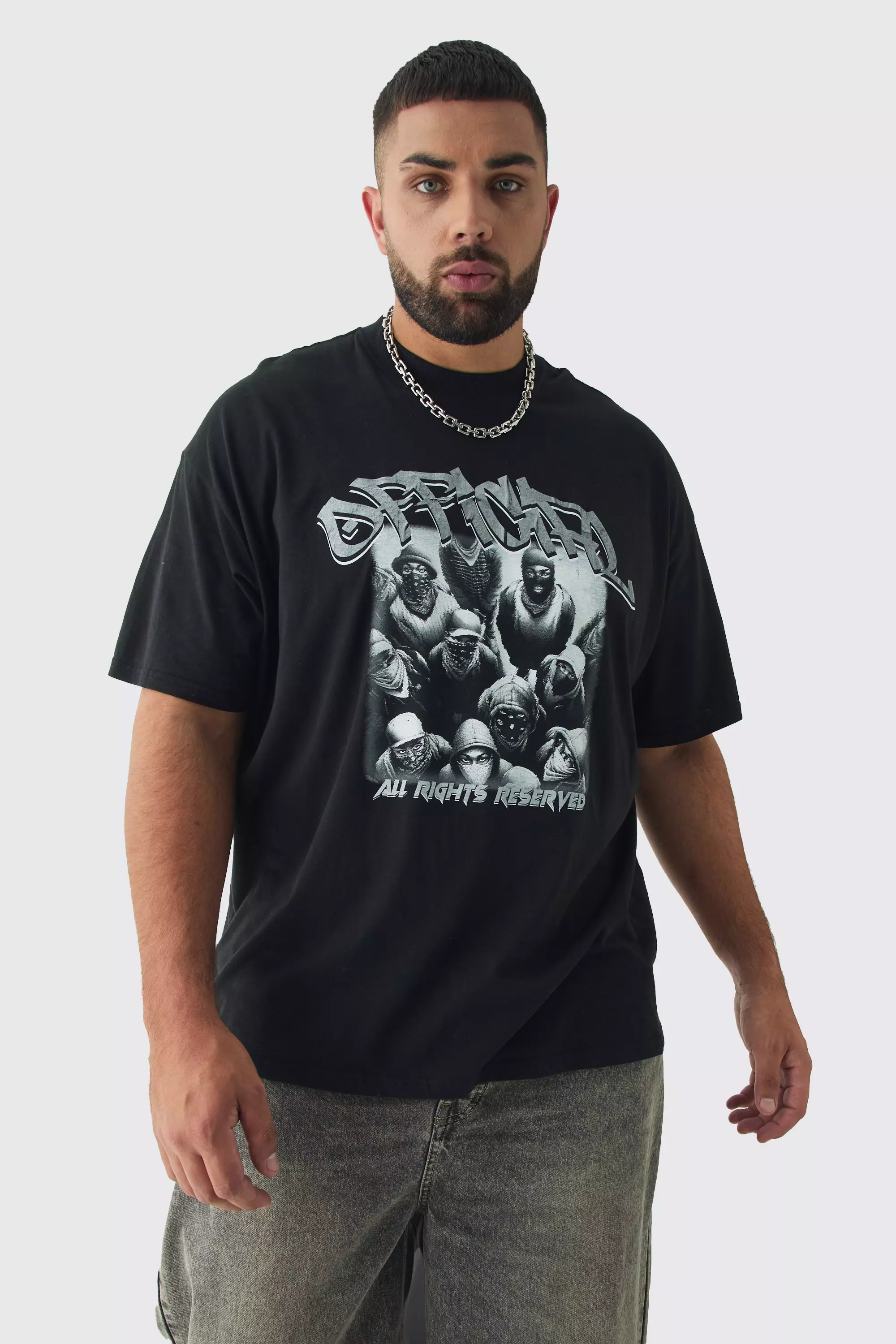 Black Plus Oversized Official Balaclava Print T-Shirt صورة بديلة