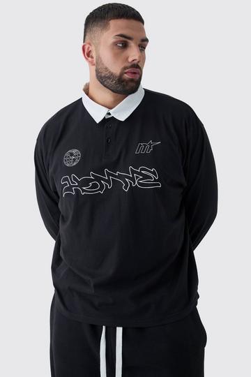 Black Plus Oversized Applique Rugby Polo