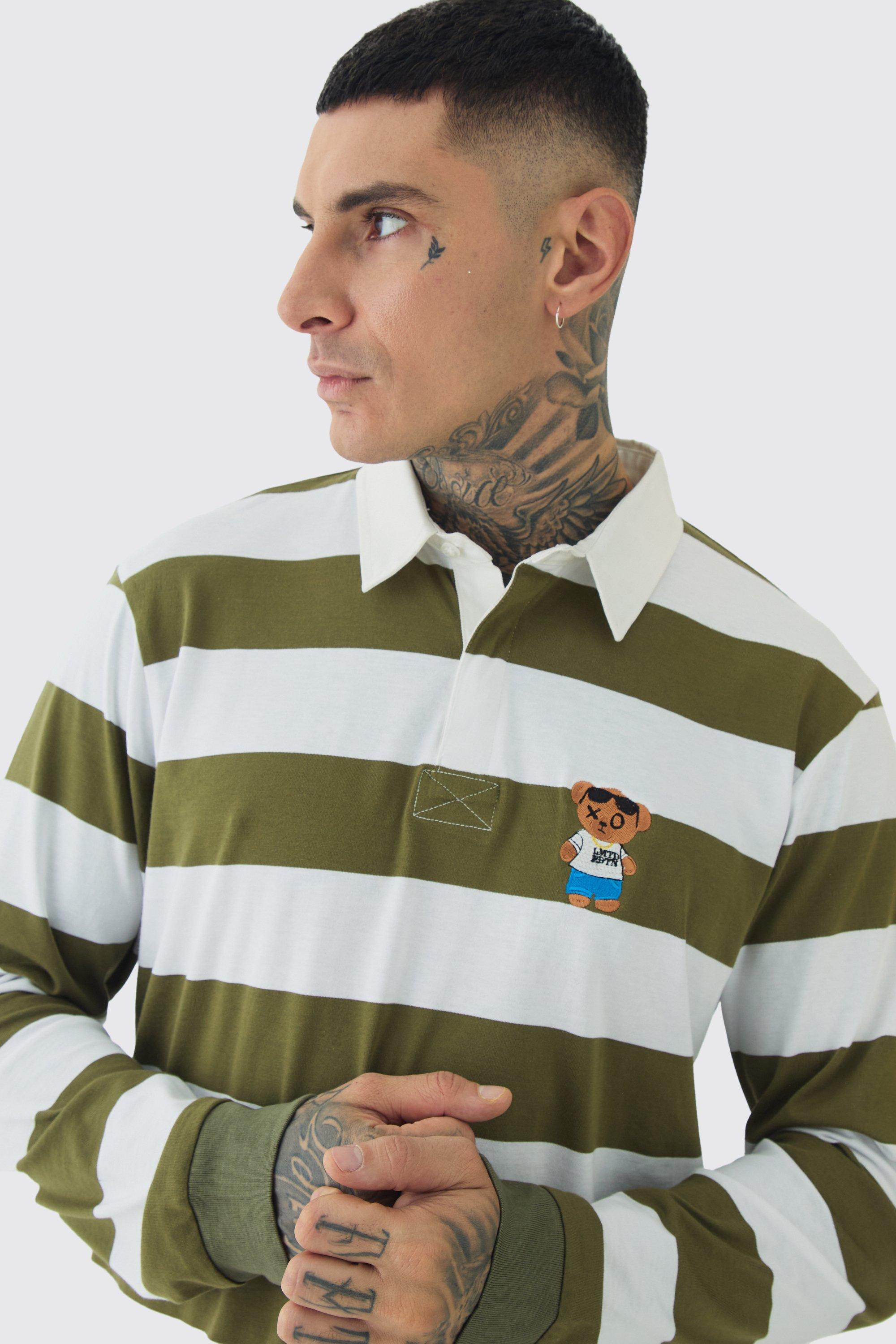 Tall gestreiftes besticktes Rugby Poloshirt
