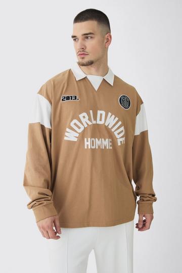 Brown Tall Oversized Worldwide Applique Rugby Polo