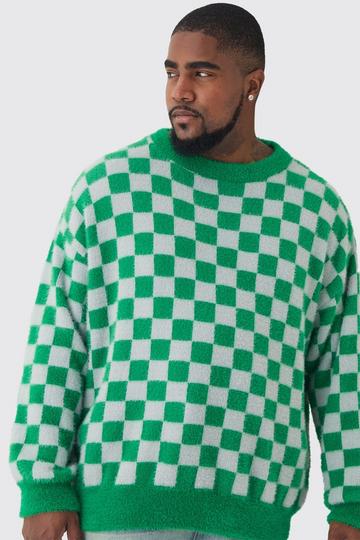 Plus Fluffy Knit Checkered Sweatshirt green