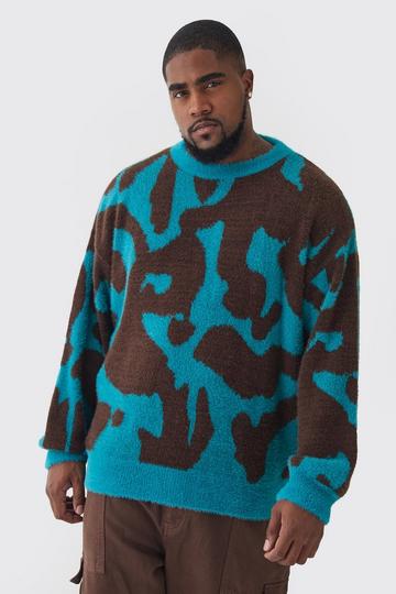 Teal Green Plus Fluffy Knit Abstract Sweatshirt