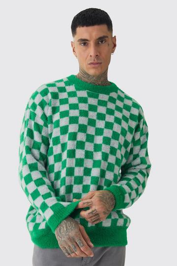 Tall Fluffy Knit Checkered Sweatshirt green