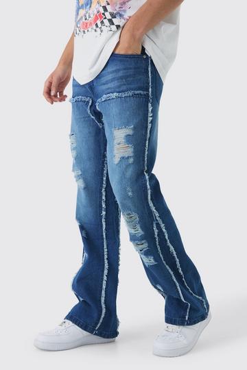 Raw Edge Rip & Repair Carpenter Panel Relaxed Fit Flared Jeans mid blue