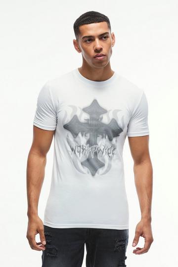 Muscle Gothic Cross Print T-Shirt white