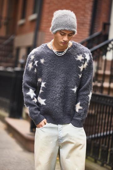 Oversized Star Graphic Brushed Knitted Jumper charcoal