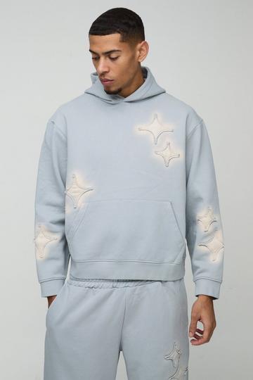 Oversized Boxy Spray Wash Distressed Star Applique Hoodie grey