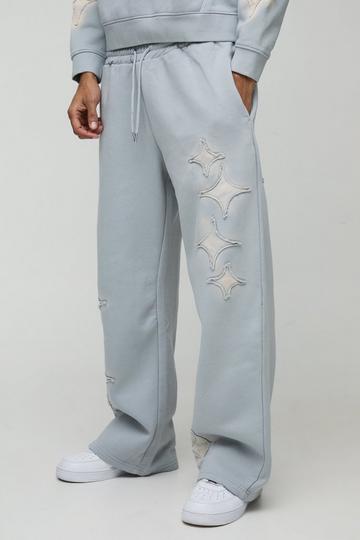 Wide Fit Spray Wash Distressed Star Applique Jogger grey