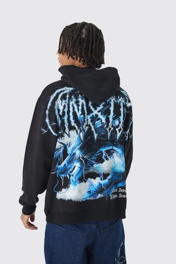 Oversized Over Seams Extended Neck Dragon Print Hoodie black