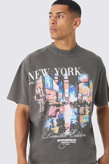 Oversized Extended Neck Boxy New York Wash Graphic T-Shirt chocolate