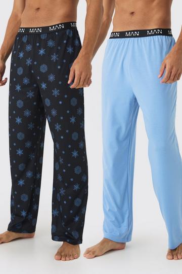 2 Pack Man Snowflake Print and Plain Lounge Bottoms multi