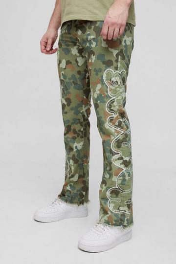 Tall Self Applique Gusset Detail Camo Slim Fit Flared Trousers khaki