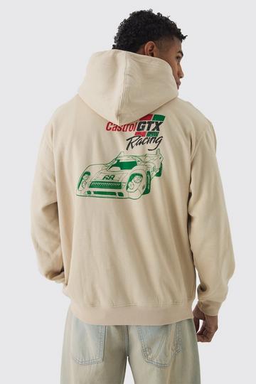 Stone Beige Oversized Wash Castrol GTX Racing License Print Hoodie