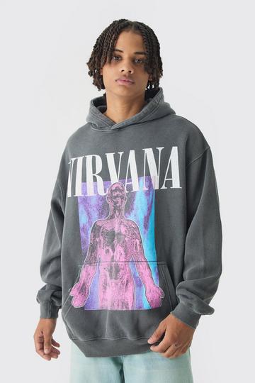 Charcoal Grey Oversized Nirvana Band Wash License Print Hoodie