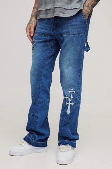 Tall Gothic Cross Applique Carpenter Gusset Jeans mid wash