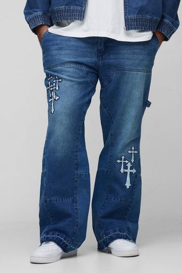 Plus Gothic Cross Applique Carpenter Gusset Jeans mid wash