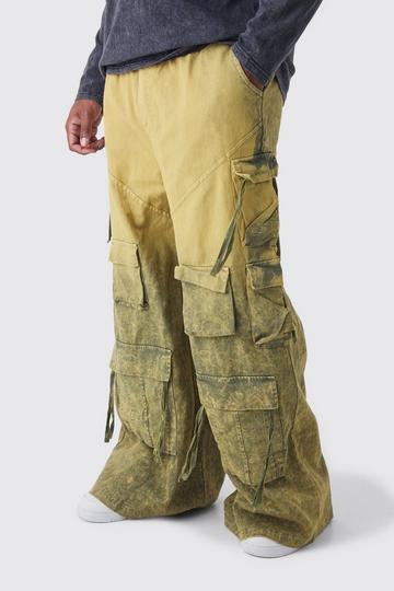 Plus Elasticated Waist Extreme Baggy Heavyweight Washed Multi Pocket Cargo Trousers khaki