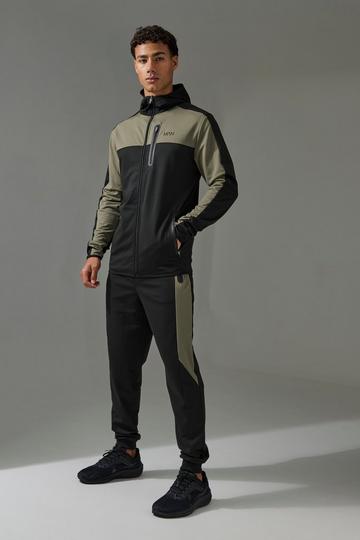 Active Colour Block Funnel Hooded Tracksuit khaki