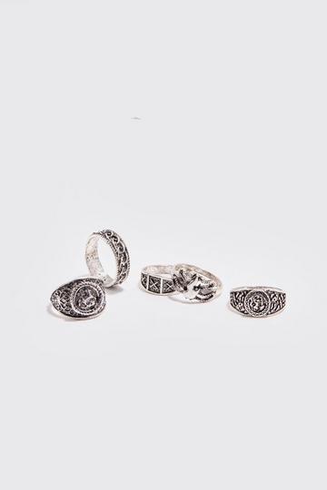 Silver 5 Pack Embossed Rings in Silver