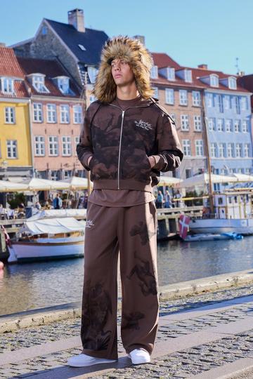 Chocolate Brown Oversized Boxy Zip Through Renaissance Print Hooded Tracksuit