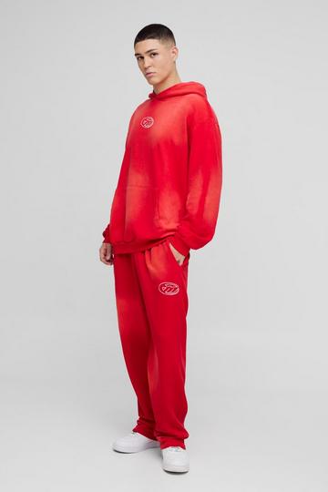 Red Oversized Boxy M Wash and Applique Hooded Tracksuit