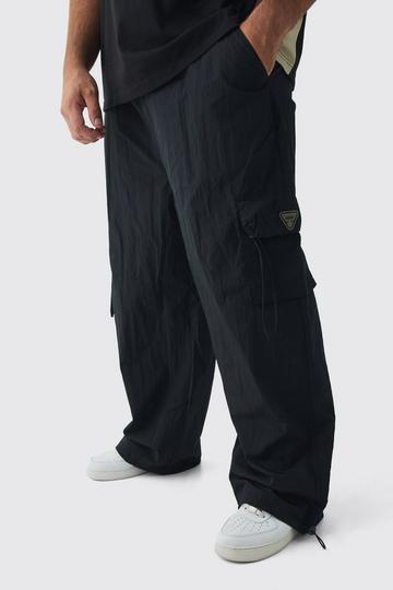 Black Plus Crinkle Nylon Cargo Parachute Trousers In Black