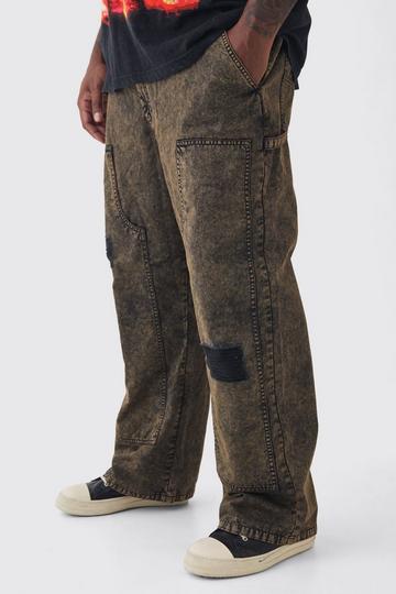 Black Plus Acid Wash Carpenter Trousers With Knee Rips