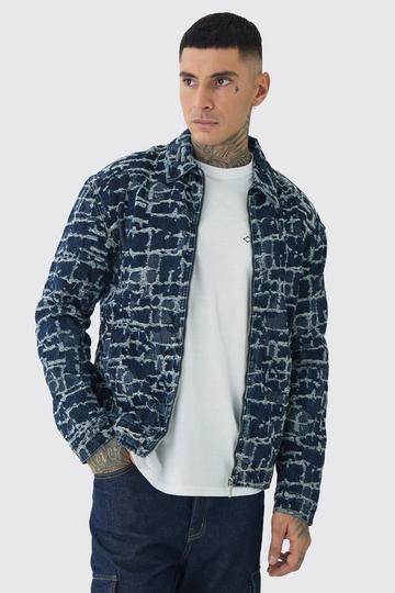 Tall Distressed Tapestry Denim Harrington Jacket indigo