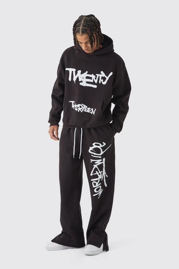 Oversized Boxy Spray Graffiti Print Split Hem Hooded Tracksuit chocolate