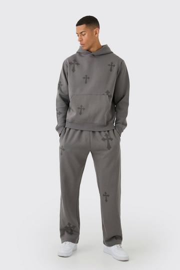 Regular Fit Cross Printed Hooded Tracksuit charcoal