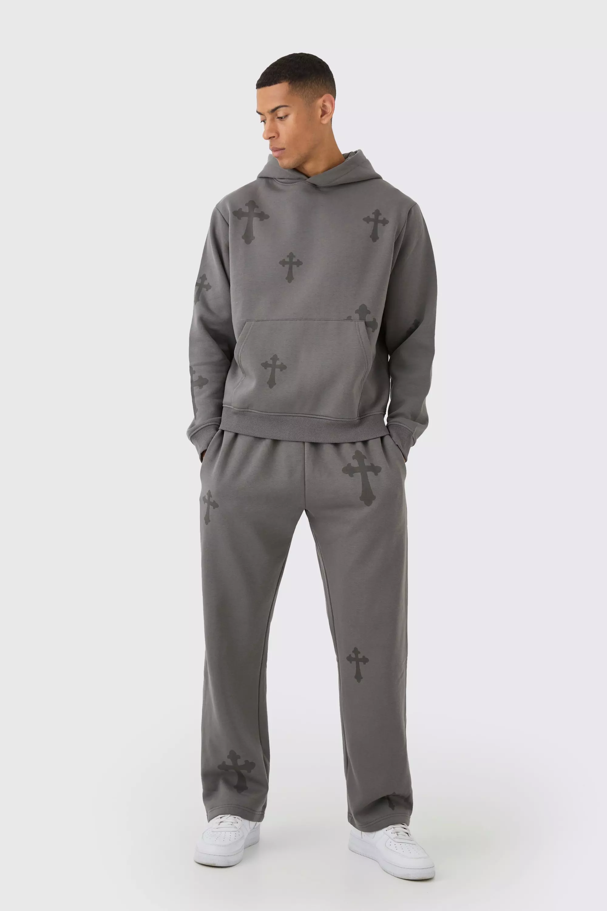 Charcoal Regular Fit Cross Printed Hooded Tracksuit alternative image