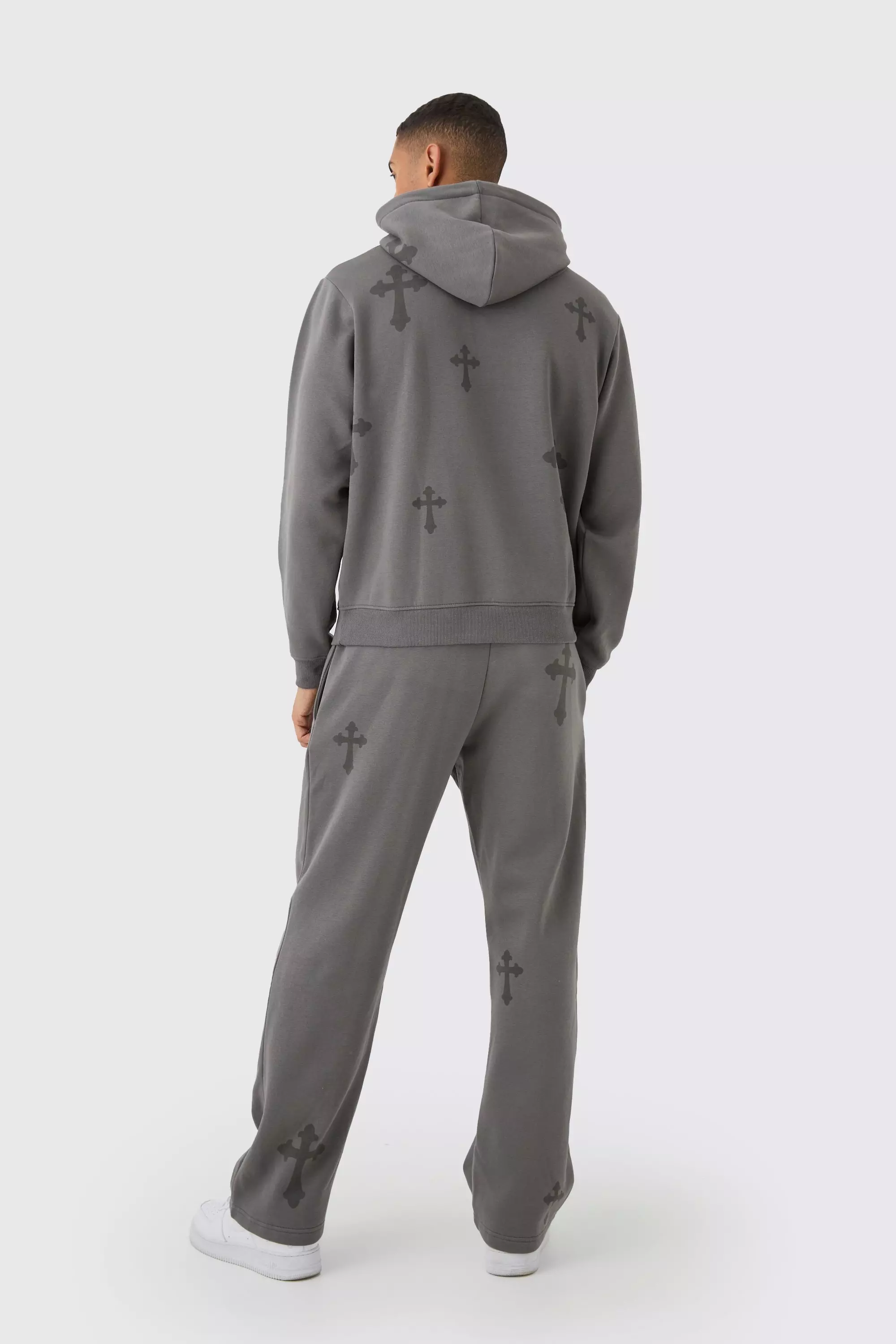 Charcoal Regular Fit Cross Printed Hooded Tracksuit alternative image