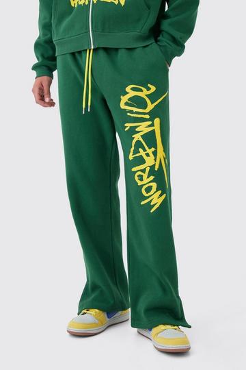 Relaxed Fit Split Hem Spray Graffiti Print Joggers forest