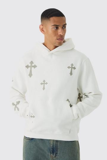 Ecru White Cross Printed Hoodie