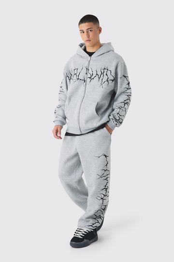 Oversized Graffiti Zip Through Hooded Tracksuit grey marl