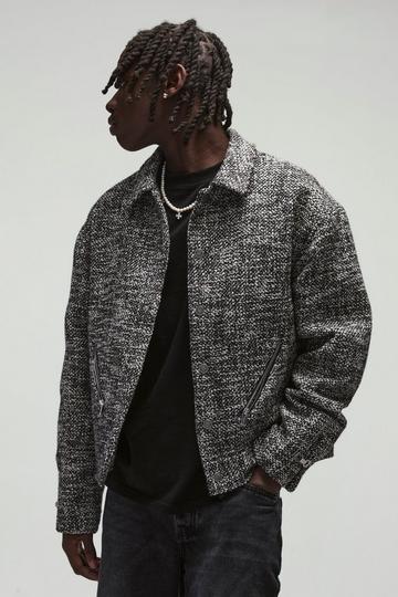 Boxy Textured Boucle Bomber Jacket black