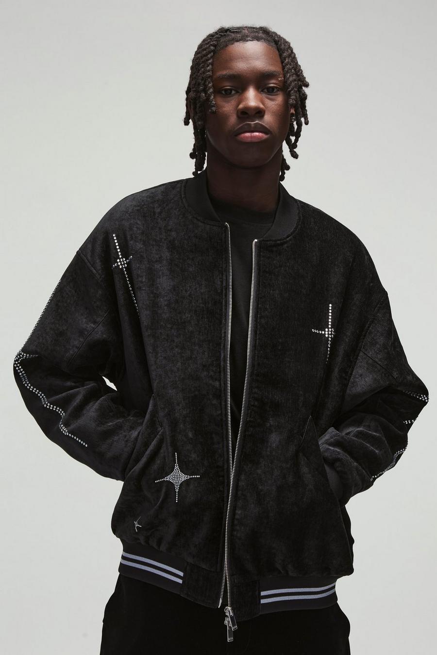 Oversized Dropped Sleeve Velour Rhinestone Graphic Bomber Oversized Dropped Sleeve Velour Rhinestone Graphic Bomber