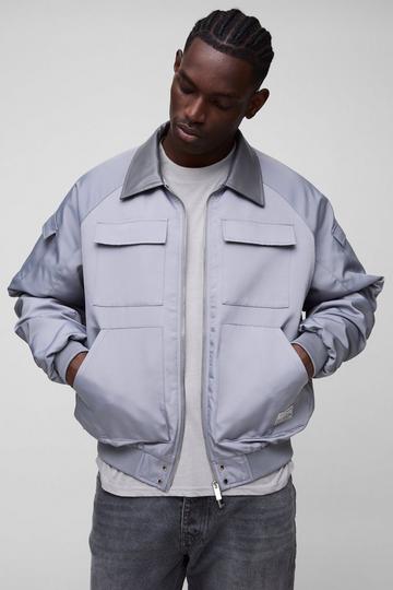 Oversized Man Tab High Shine Collared Bomber Jacket grey