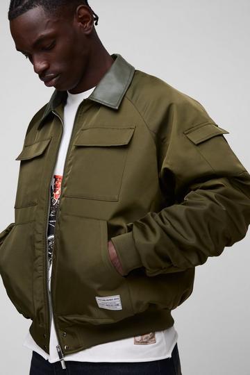 Oversized Man Tab High Shine Collared Bomber Jacket khaki