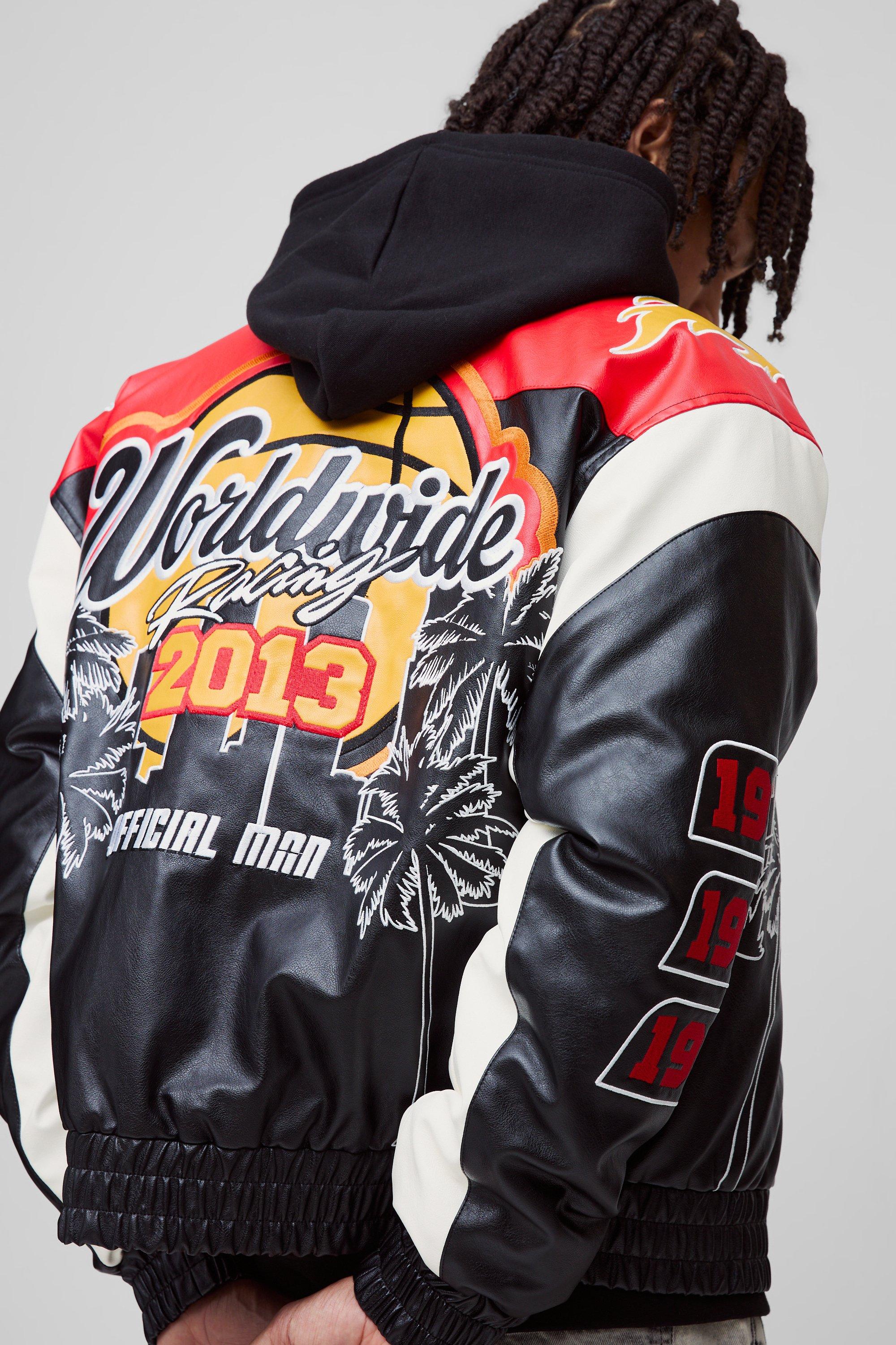 Boxy Worldwide PU Badge Varsity Jacket In Black | boohoo Boxy Worldwide PU Badge Varsity Jacket In Black | boohoo