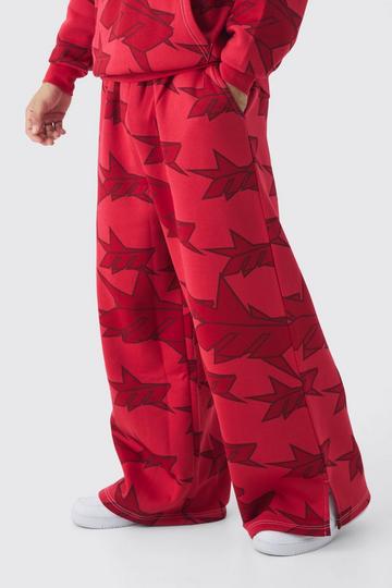 Red Extreme Wide Leg All Over Star Print Split Hem Jogger