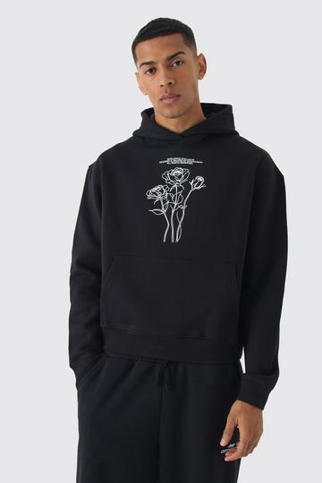 Oversized Boxy Line Floral Print Hoodie black