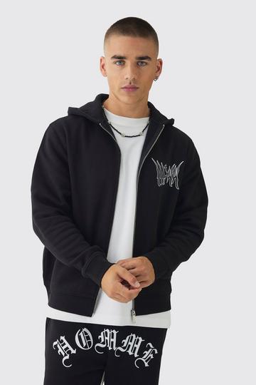 Zip Through Gothic Print Hoodie black