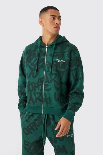 Oversized Boxy All Over Graffiti Printed Zip Through Hoodie dark green